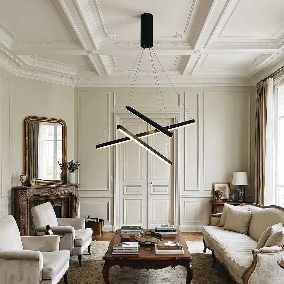 Linear LED chandelier above a modern living room