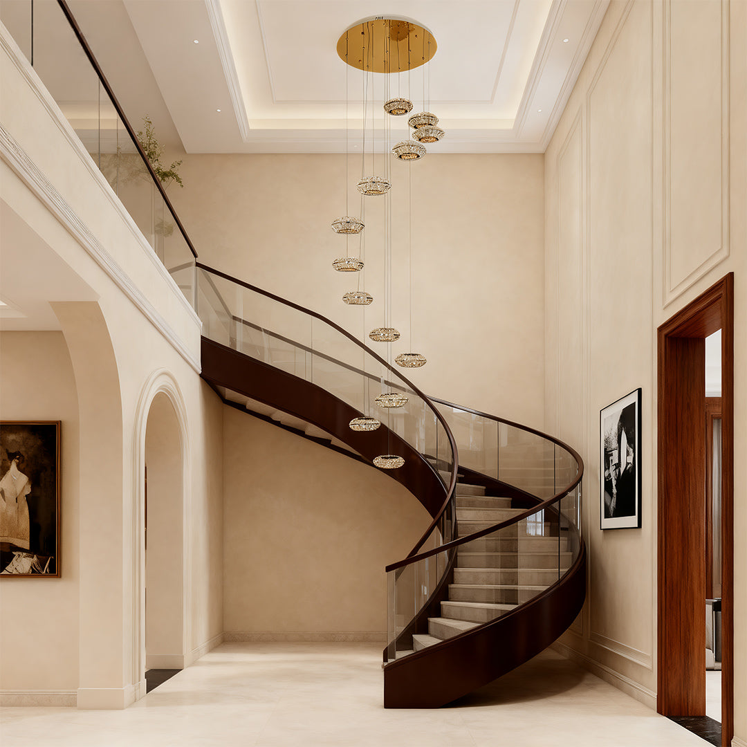 Italian style chandelier over a spiral staircase