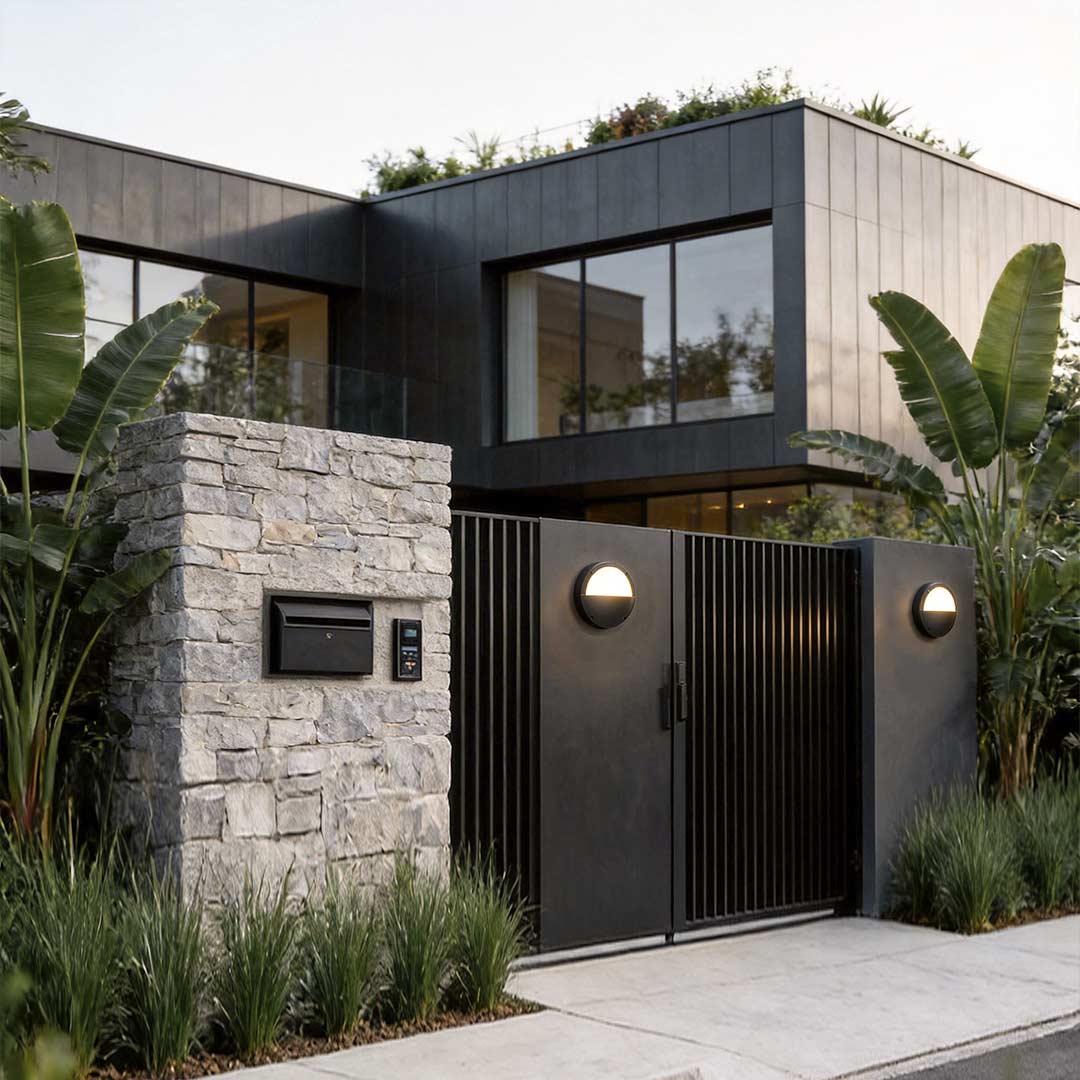 Modern house entrance lit by warm outdoor ceiling fixtures
