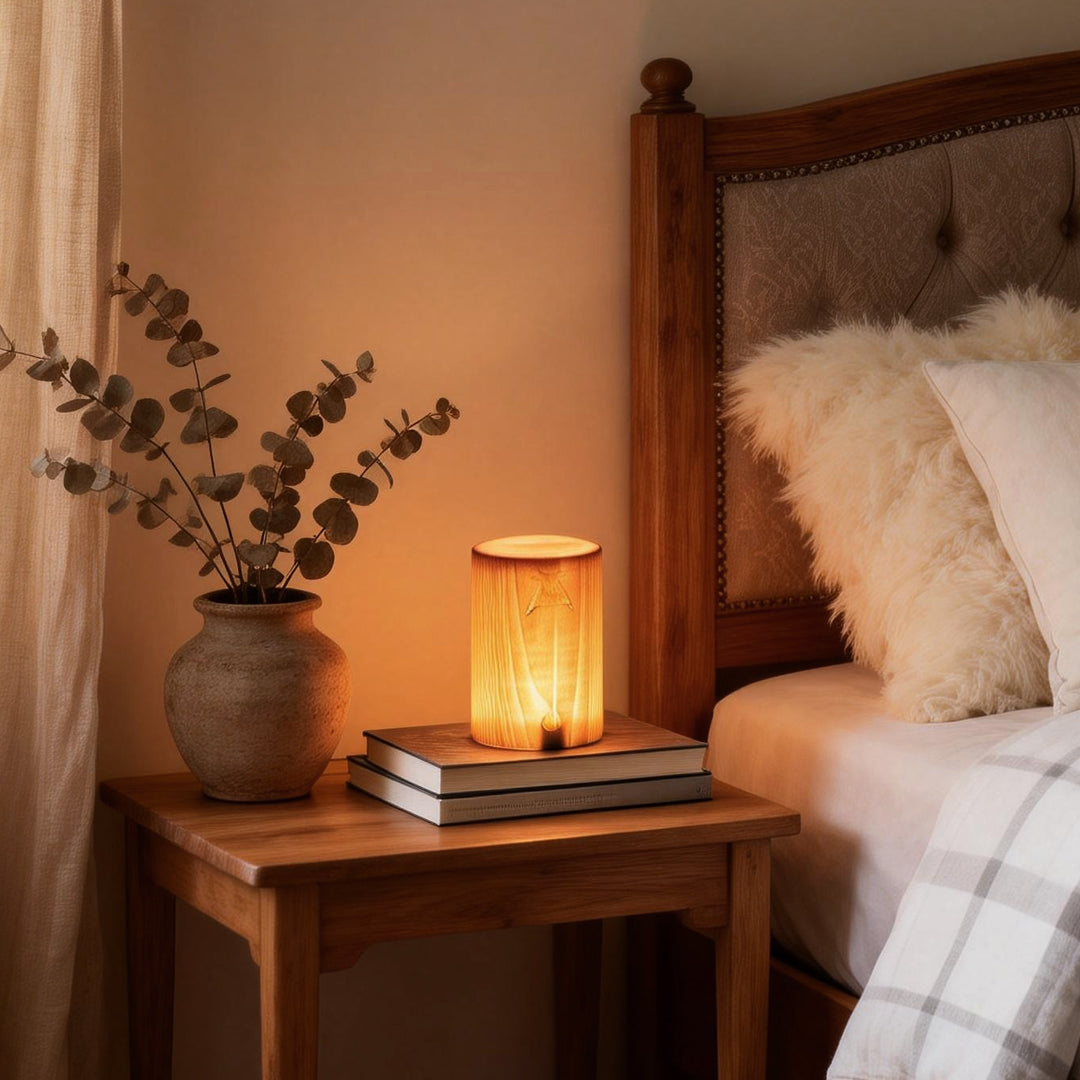 Warm bedside lamp glowing in a calm modern bedroom