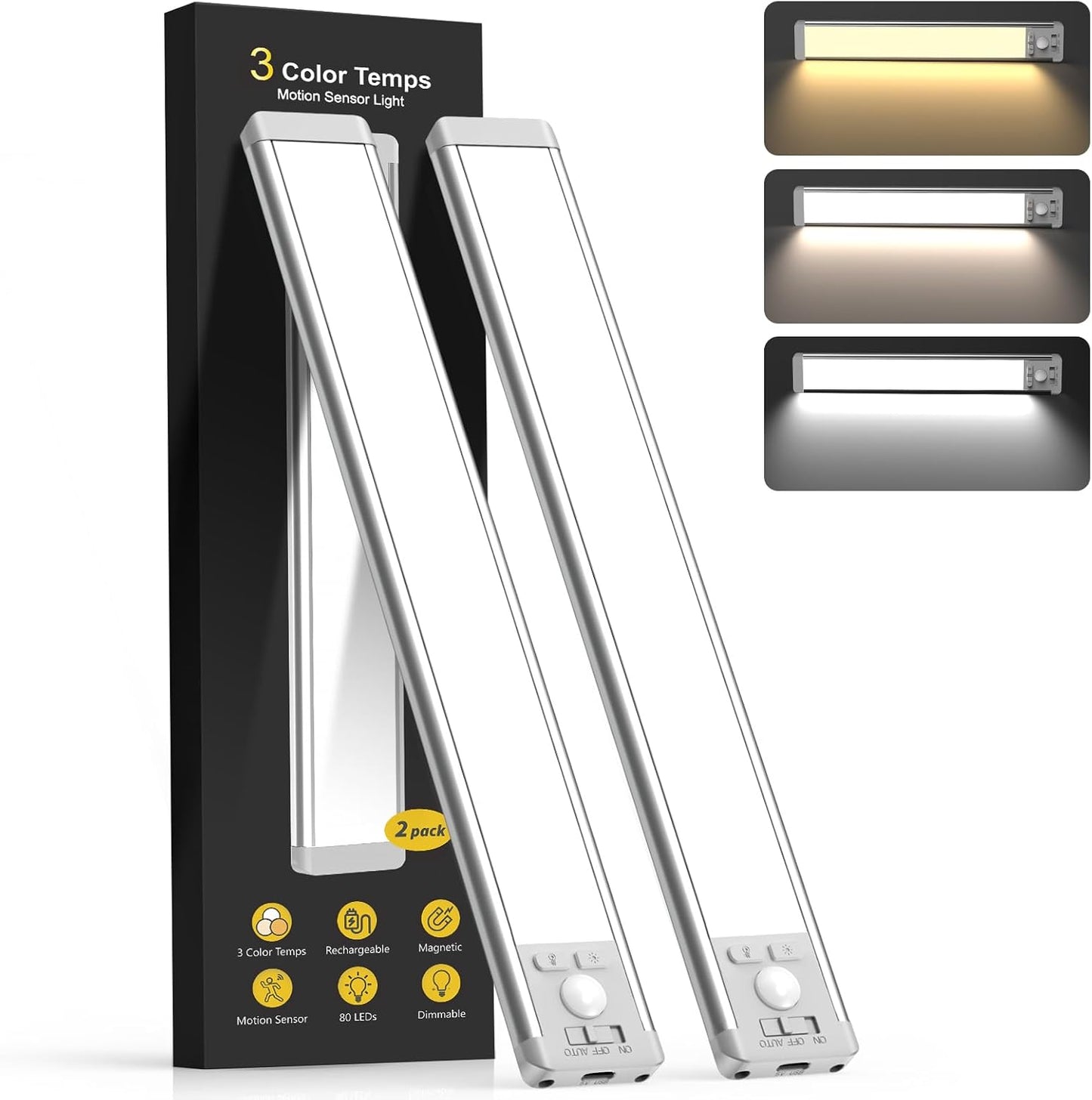 MCGOR 10inch Under Cabinet Lighting, 2 Pack Rechargeable Motion Sensor Light Indoor, 5 Levels Dimmable Magnetic Closet Lights, Wireless Under Counter Lights for Kitchen, Stairs