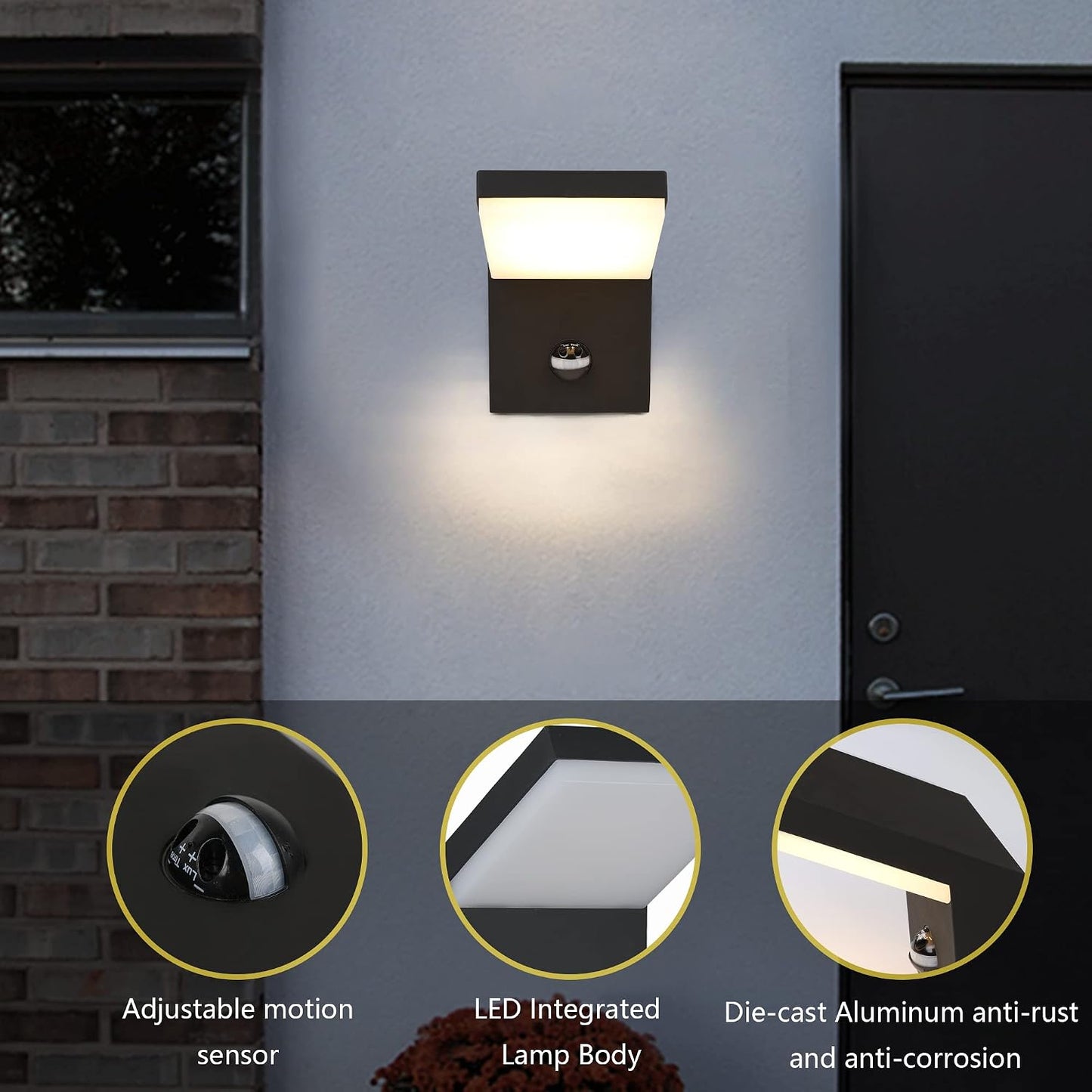 Lustrlach Motion Sensor Porch Light Outdoor Exterior Light Fixture for House LED Modern Wall Mount Sconce Black for Garden Patio Garage IP54 Waterproof 1800lm 18W 3000K Warm White
