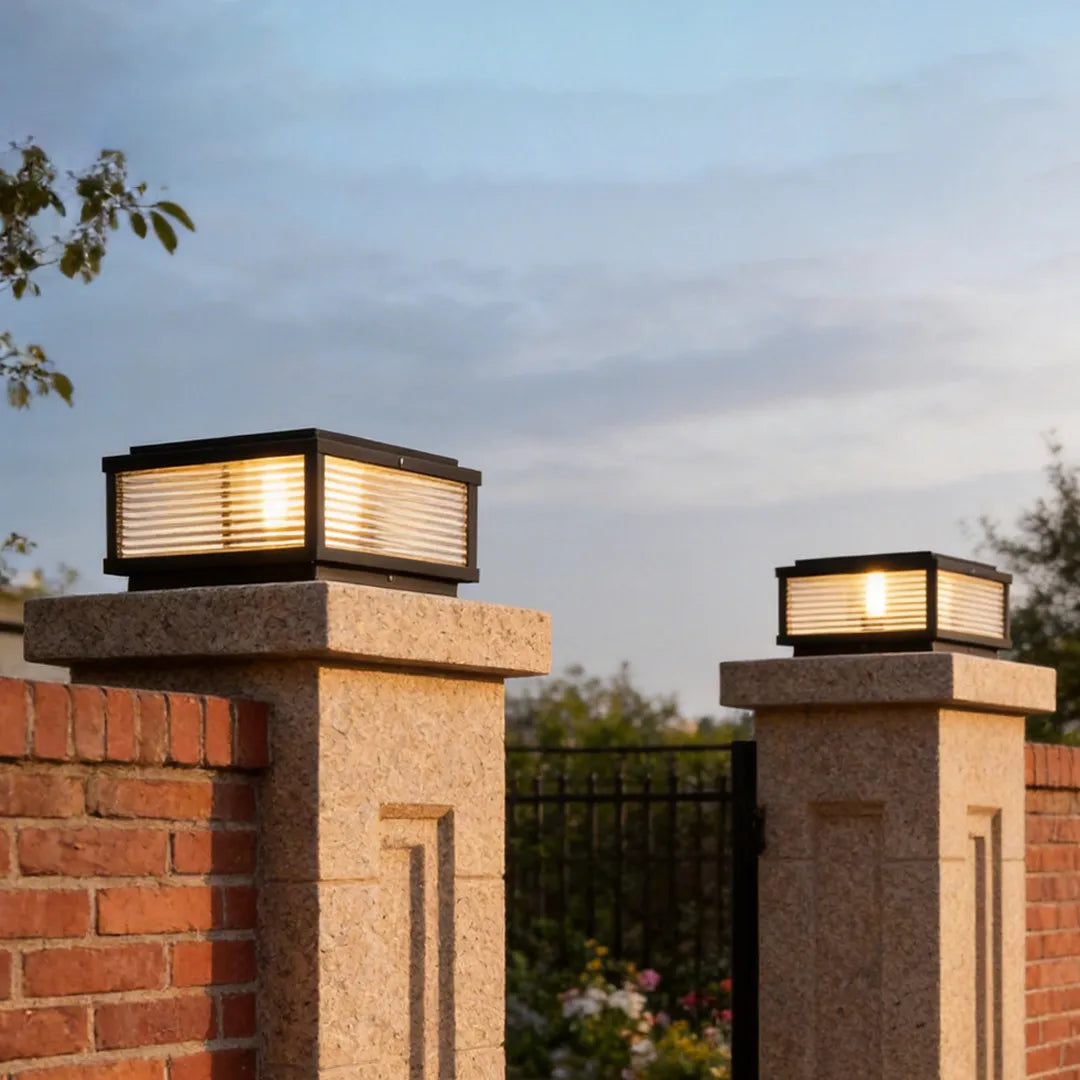 Square Pillar Light Ribbed Glass Outdoor Metal Light
