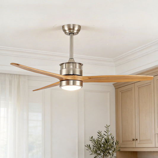 Sleek brushed nickel contemporary ceiling fan with light featuring three light wood blades in a modern kitchen setting.