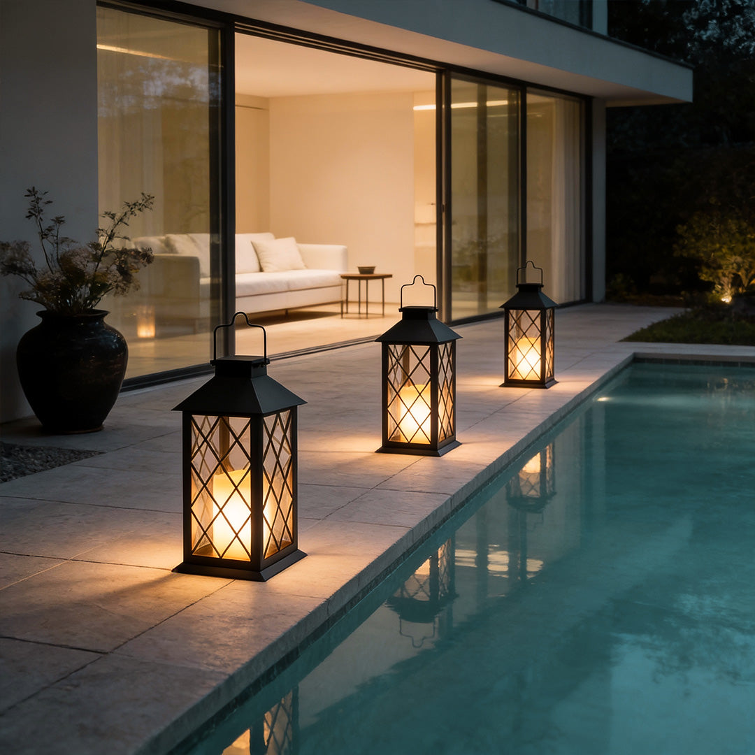 Candlestick Lantern Portable LED Black Solar Outdoor Lamp