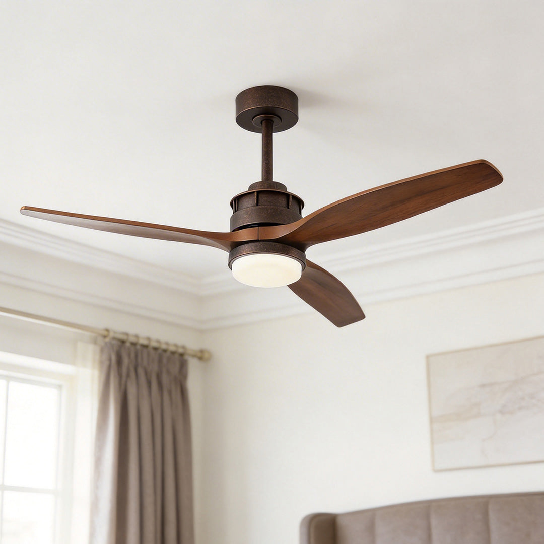Elegant dark wood 3-blade ceiling fans with light featuring a bronze motor housing installed in a cozy bedroom.