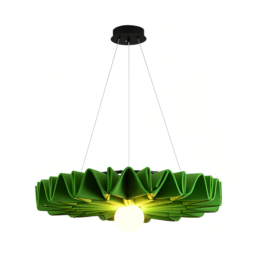 Simple side view of the deep emerald green cloth chandelier on a white background