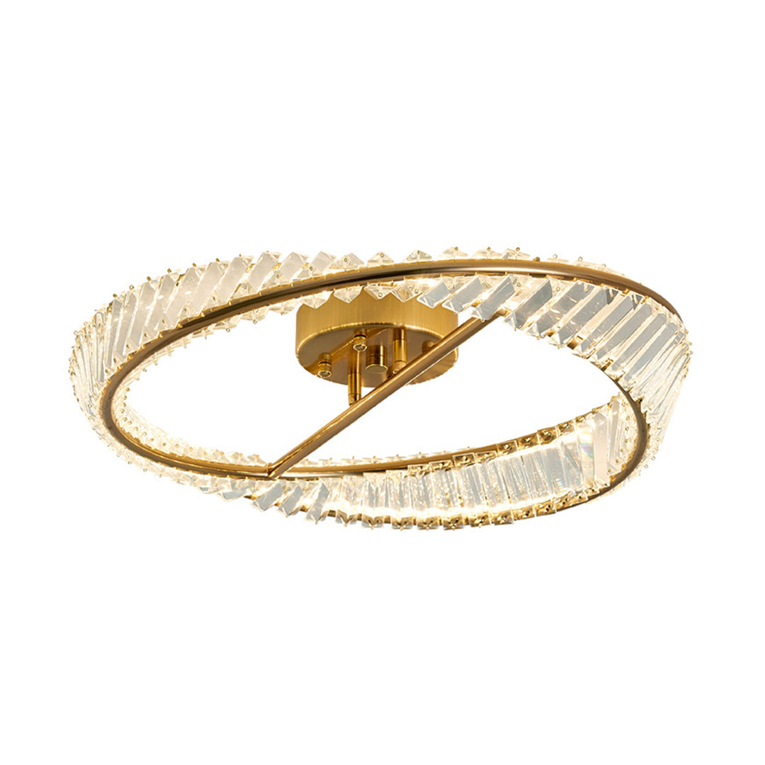 Elegant mobius light fixture featuring gold frame with crystal detailing in twisted circular form, 23.6 inch width.