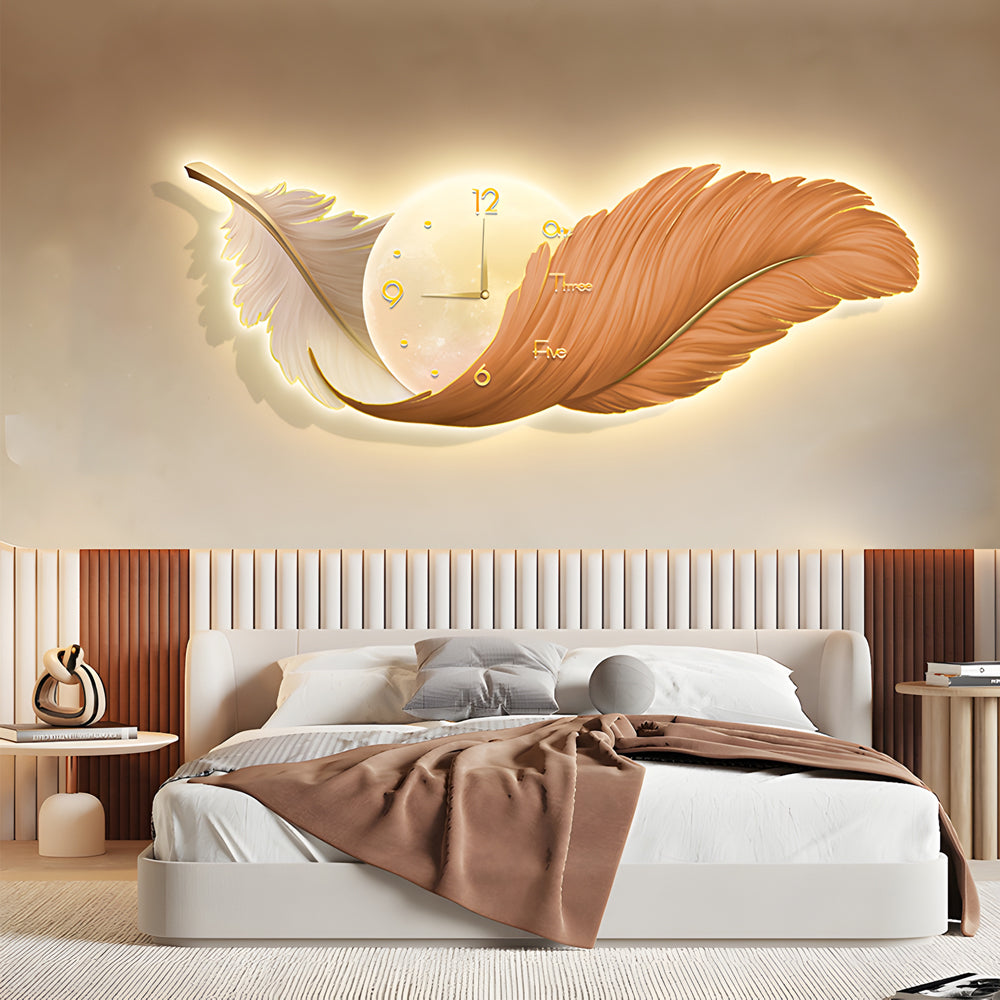 Feather Wall Lamp Modern Art Clock LED Decoration Light
