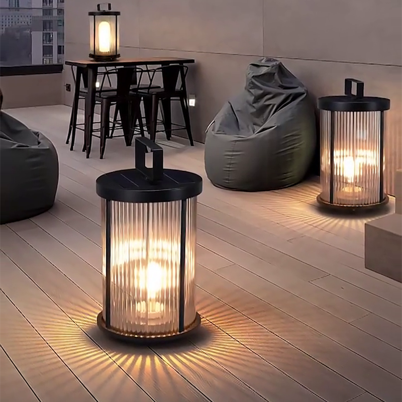 LED Solar Lanterns Outdoor Striped Glass Cylindrical Lamp