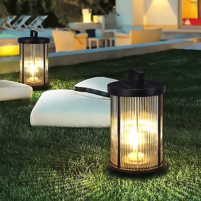 LED Solar Lanterns Outdoor Striped Glass Cylindrical Lamp