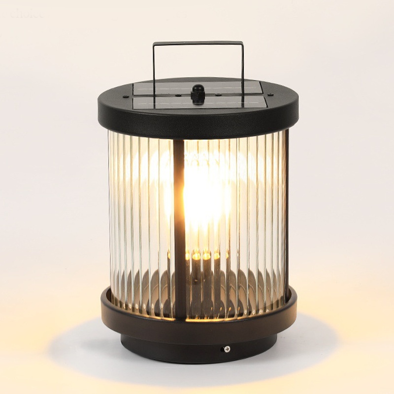 LED Solar Lanterns Outdoor Striped Glass Cylindrical Lamp