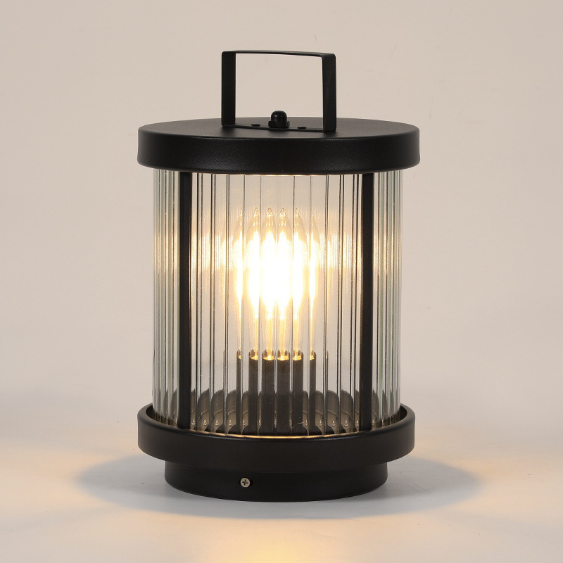 LED Solar Lanterns Outdoor Striped Glass Cylindrical Lamp