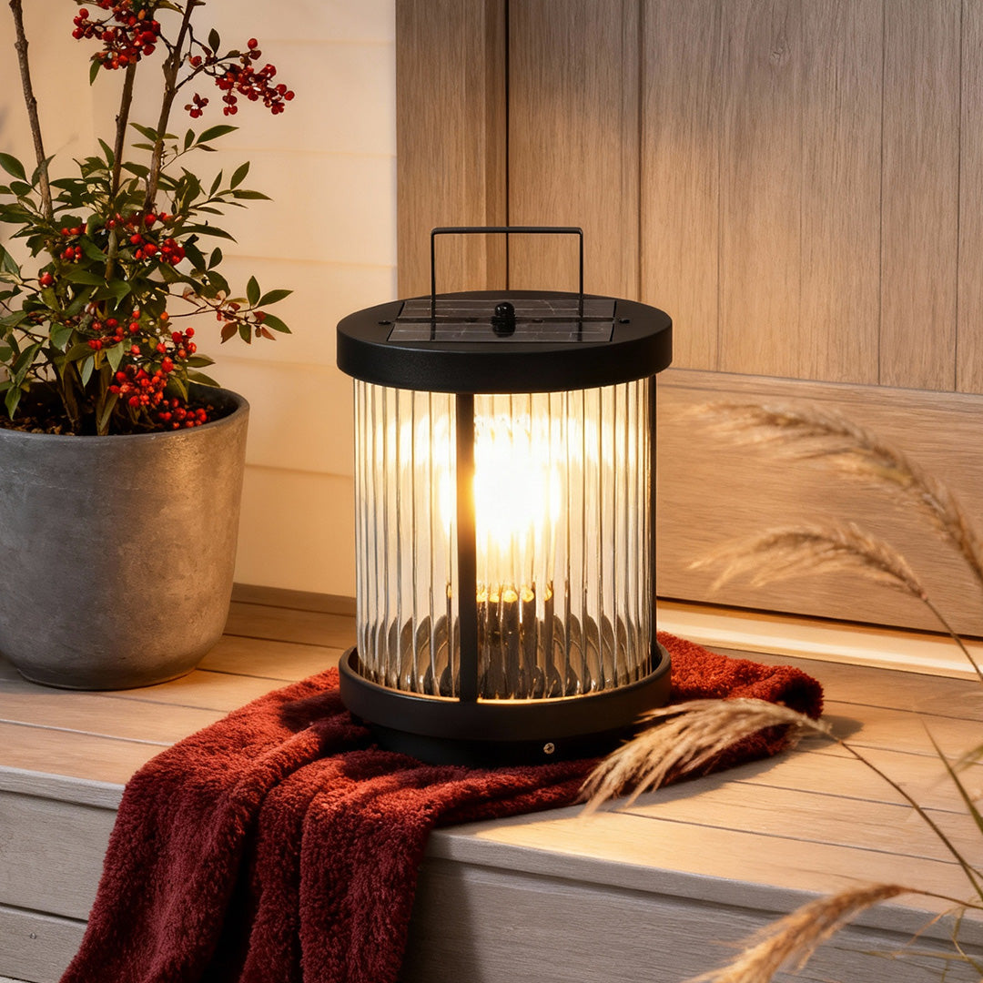 LED Solar Lanterns Outdoor Striped Glass Cylindrical Lamp