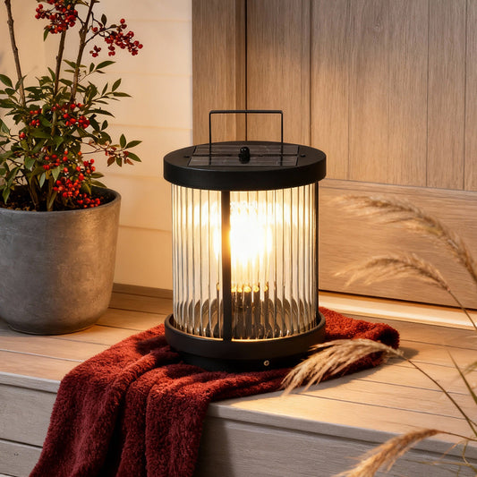 LED Solar Lanterns Outdoor Striped Glass Cylindrical Lamp