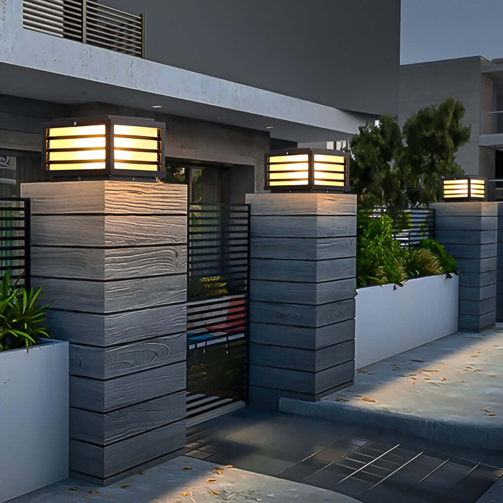Black Gate Pillar Lights Modern Square Grid LED Light