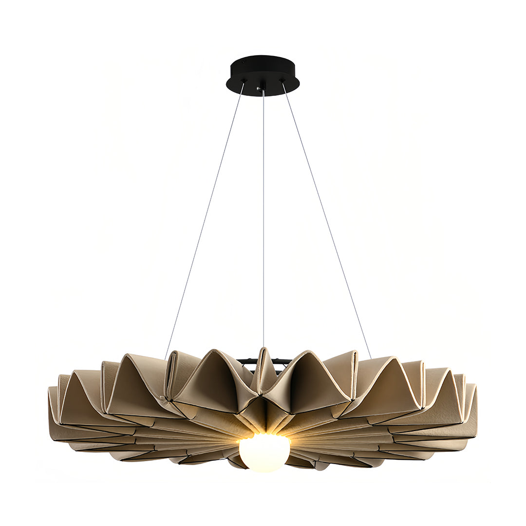 Modern tiered cloth chandelier in light beige fabric with folded pleat design