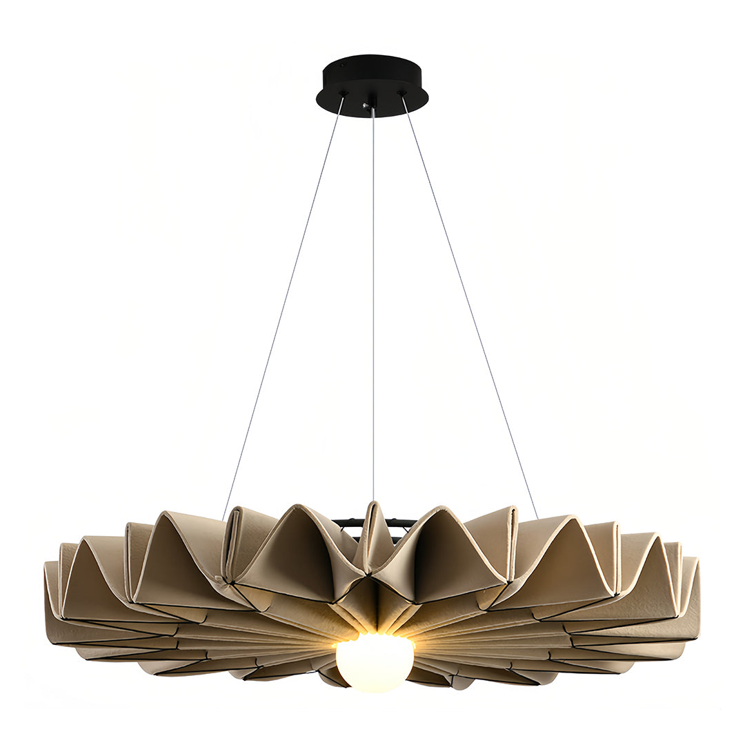 Neutral beige fabric cloth chandelier providing a soft, warm light source