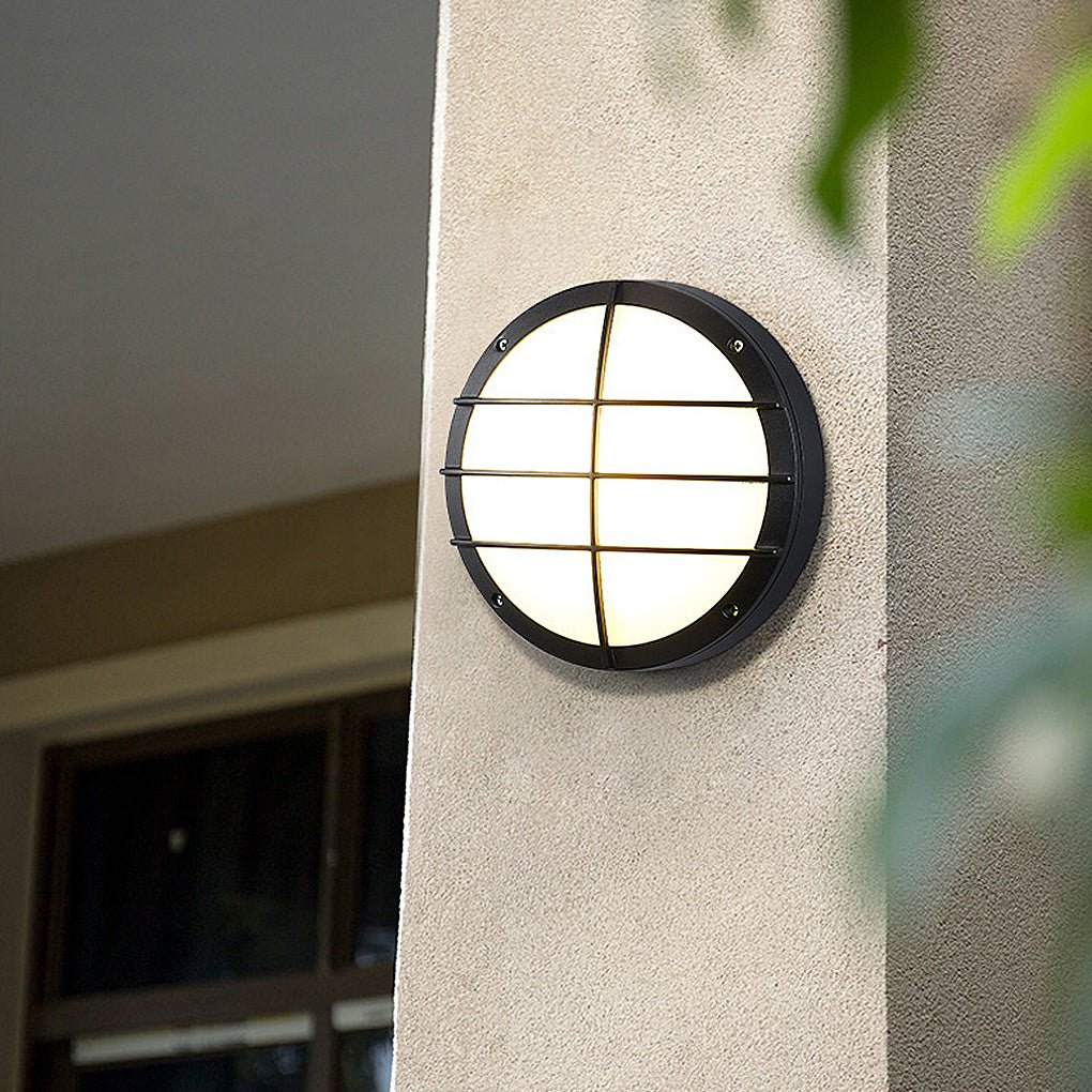 Outdoor ceiling lighting fixtures feature an industrial grid flush mount look with weatherproof construction for lasting use.
