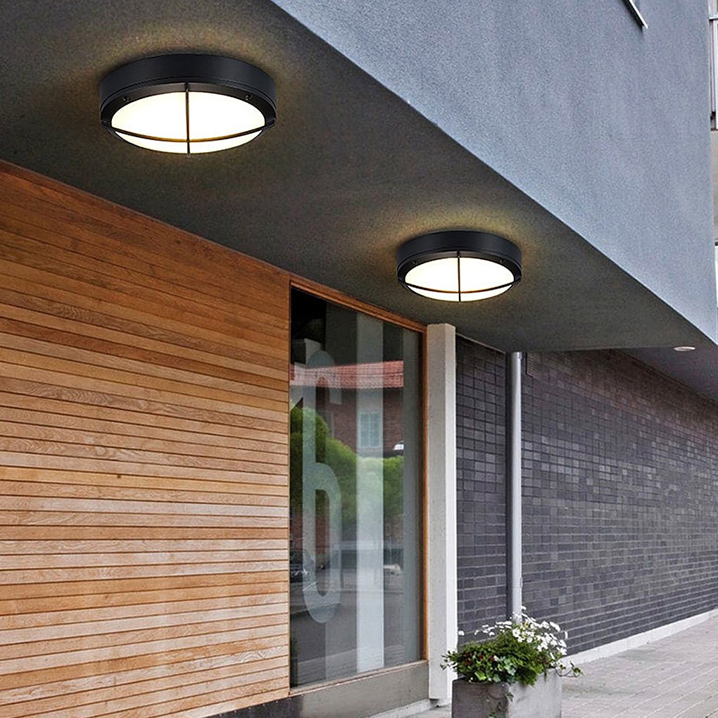 Outdoor ceiling lighting fixtures with industrial grid flush mount design provide durable and stylish illumination for patios and decks.