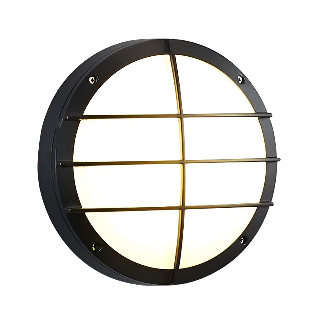 Outdoor ceiling lighting fixtures in industrial grid flush mount style enhance outdoor spaces with durable and bright LED lighting.