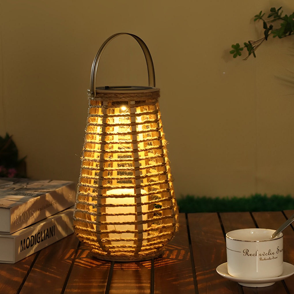 Rattan Solar Lantern Portable Waterproof LED Hemp Rope Hanging Lamp