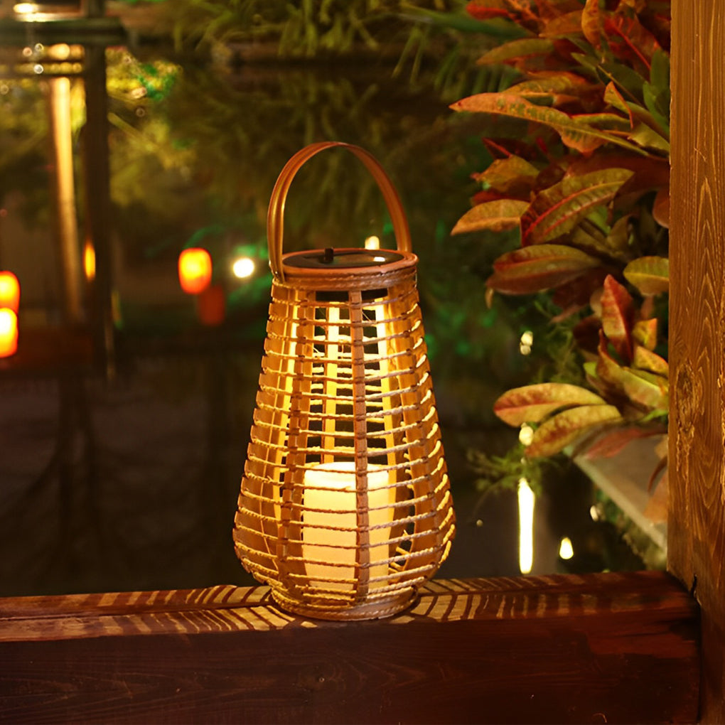 Rattan Solar Lantern Portable Waterproof LED Hemp Rope Hanging Lamp