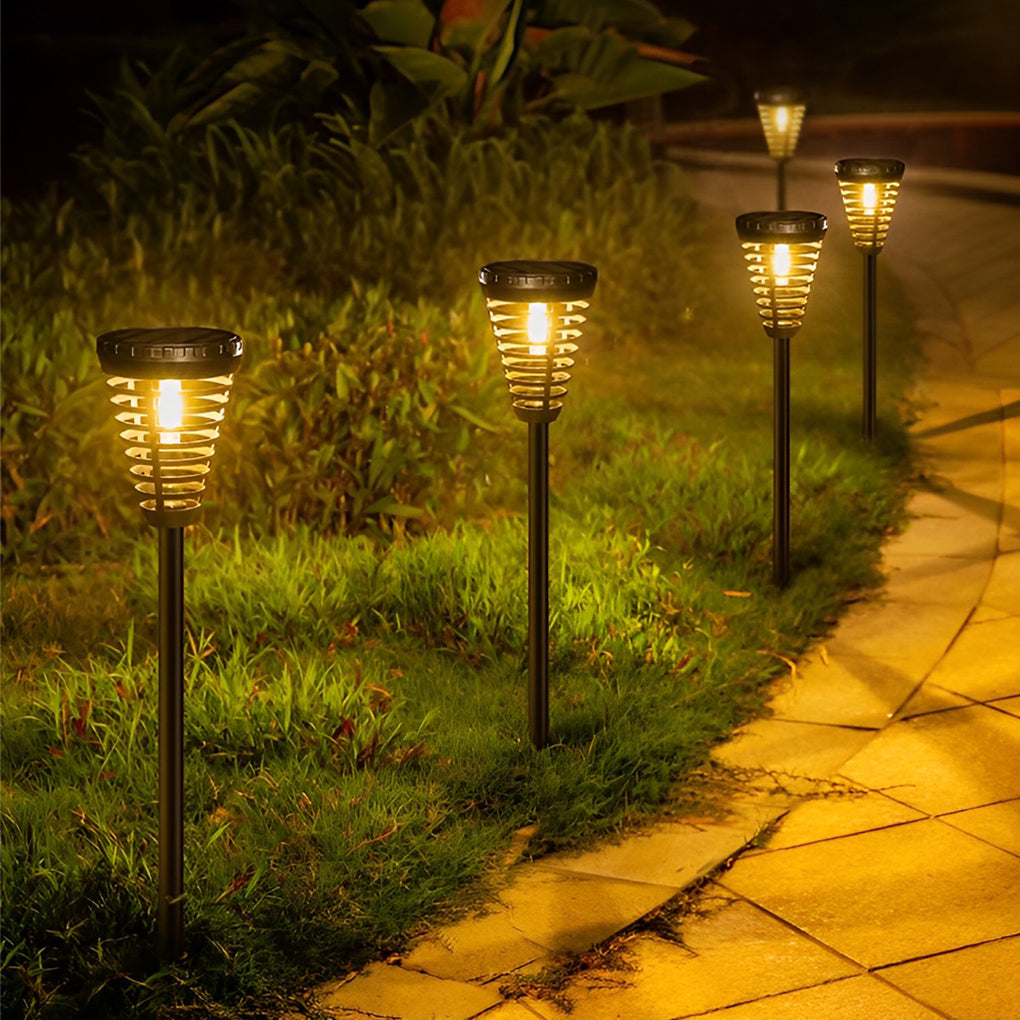 Solar torch light with a close-up of its flickering LED flame effect.