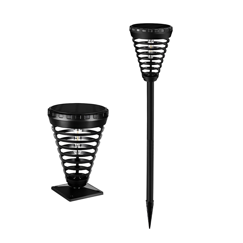 Solar torch light with a close-up of its illuminated flame design at dusk.