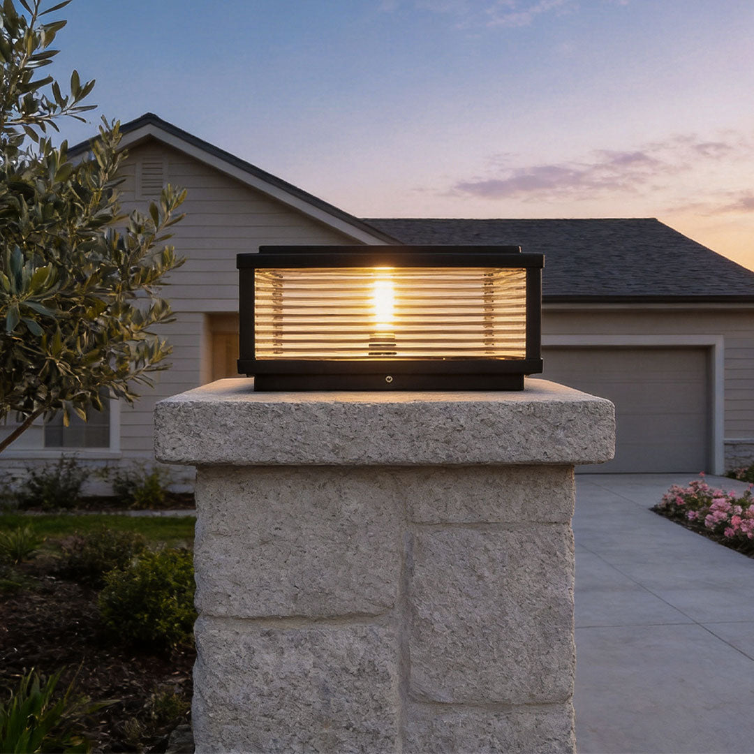 Square Pillar Light Ribbed Glass Outdoor Metal Light