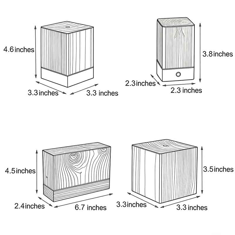 Square wood lamp dimensions, side view with size specifications for rectangular shape.