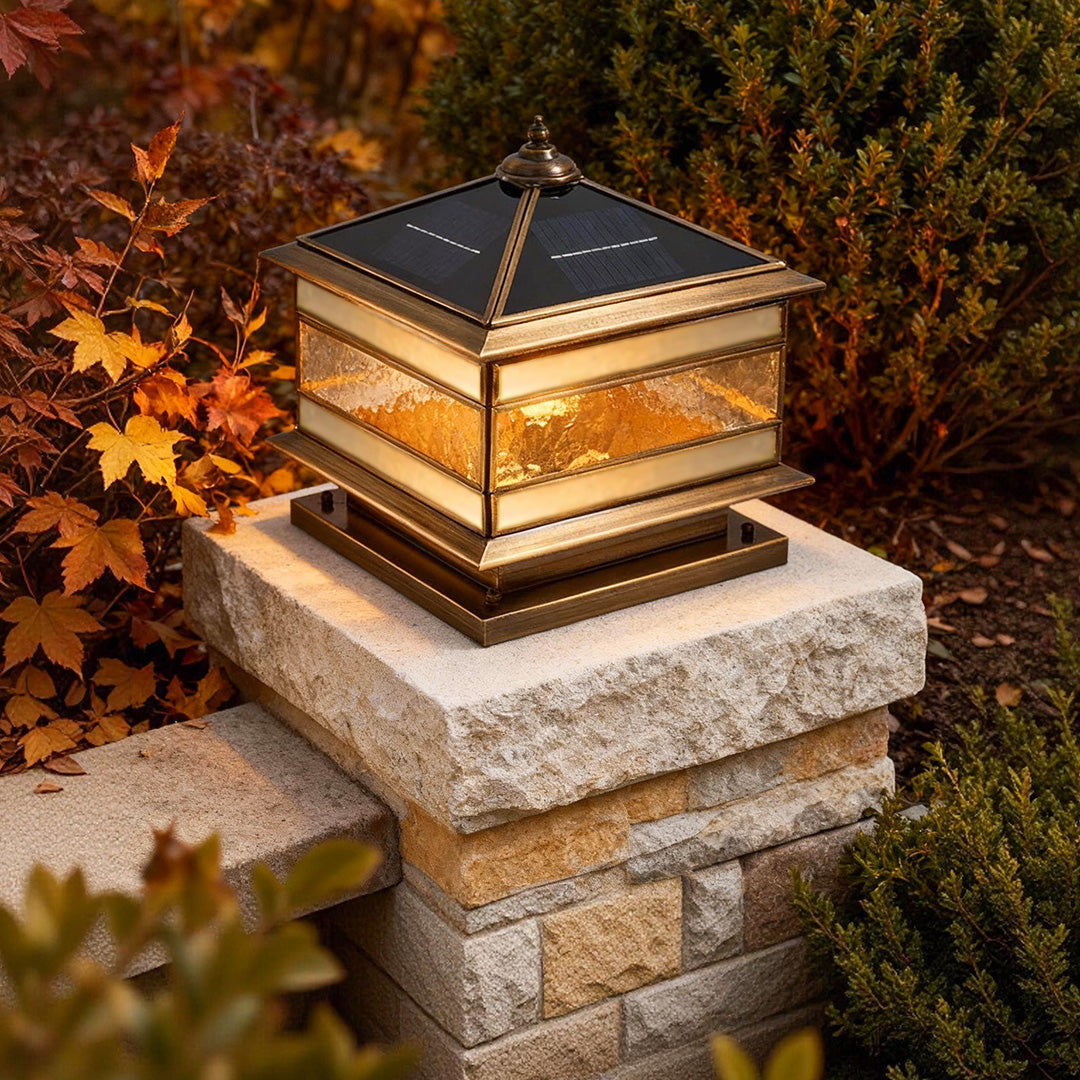 Stone Pillar Solar Lights Retro Copper Waterproof Fence Post Light