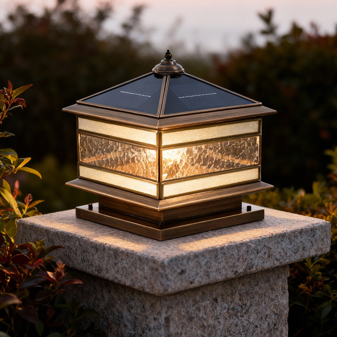 Stone Pillar Solar Lights Retro Copper Waterproof Fence Post Light