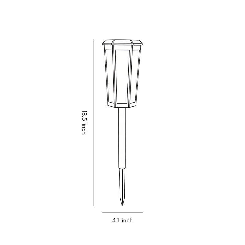Technical line drawing of a solar stake light, showcasing its dimensions and structural design.