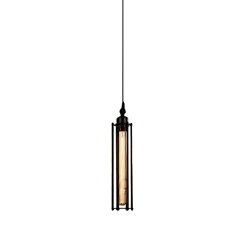 Tube pendant light with a black frame and warm light, hanging in a modern space.