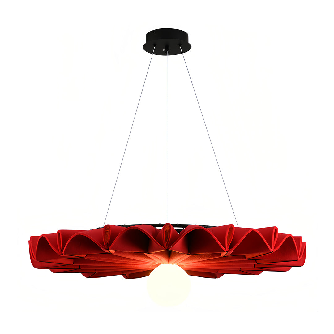 Simple product image of the vibrant red cloth chandelier with black ceiling rose
