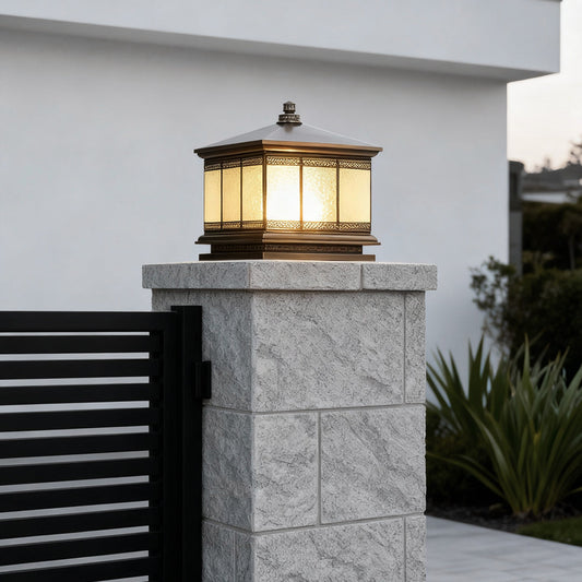 Waterproof Outdoor Gate Pillar Lights Retro Copper Solar Fence Lamp